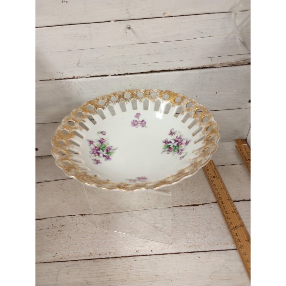 Vintage Lattice Edge Decorative Bowl Violet Design Cottagecore Shabby Chic